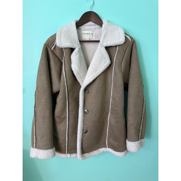 Promesa Womens S Button-Up Faux Suede Jacket With Faux Shearling Trim Tan & Whit - Picture 1 of 5